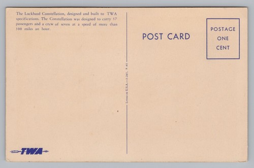TWA, Lockheed L-649 Constellation In Flight Airplane, Aviation Postcard P17d - Bild 2 von 2