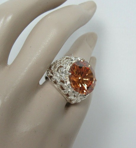 VINTAGE 925 STERLING SILVER AMBER CITRINE OCTOGON CUT RING SIZE 8 to 81/4 FLOWER - Picture 5 of 12