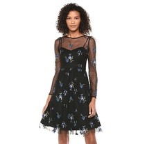 Taylor Women 10 Black Embroidered Accent Long Sleeve Mini Cocktail Dress NWTAZ15