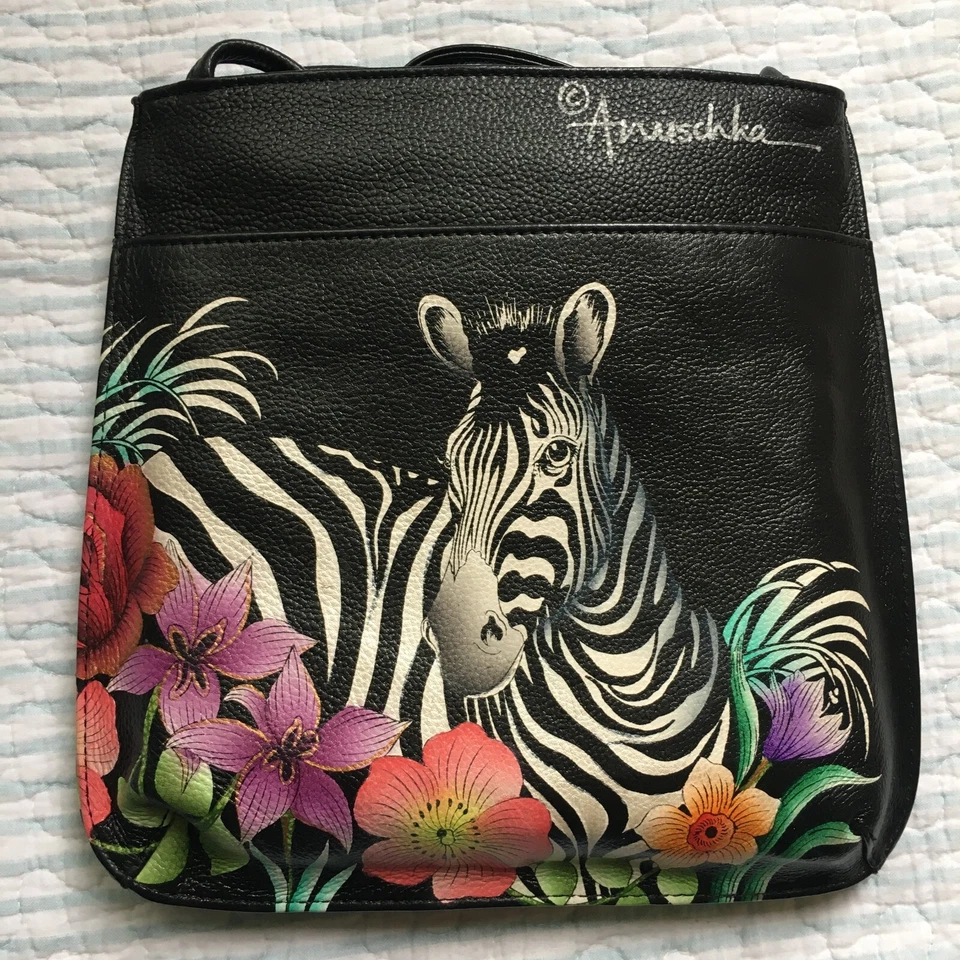 BOLSO BANDOLERA ANUSCHKA PINTADO A MANO CABALLO CEBRA NEGRO CUERO GENUINO MG