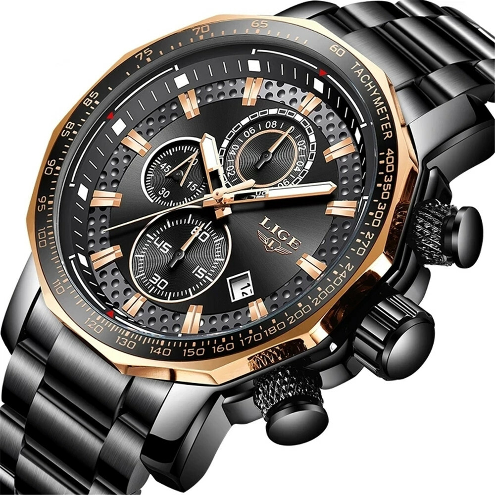 LIGE Men's Business Quartz Watch Chronograph Stainless Steel