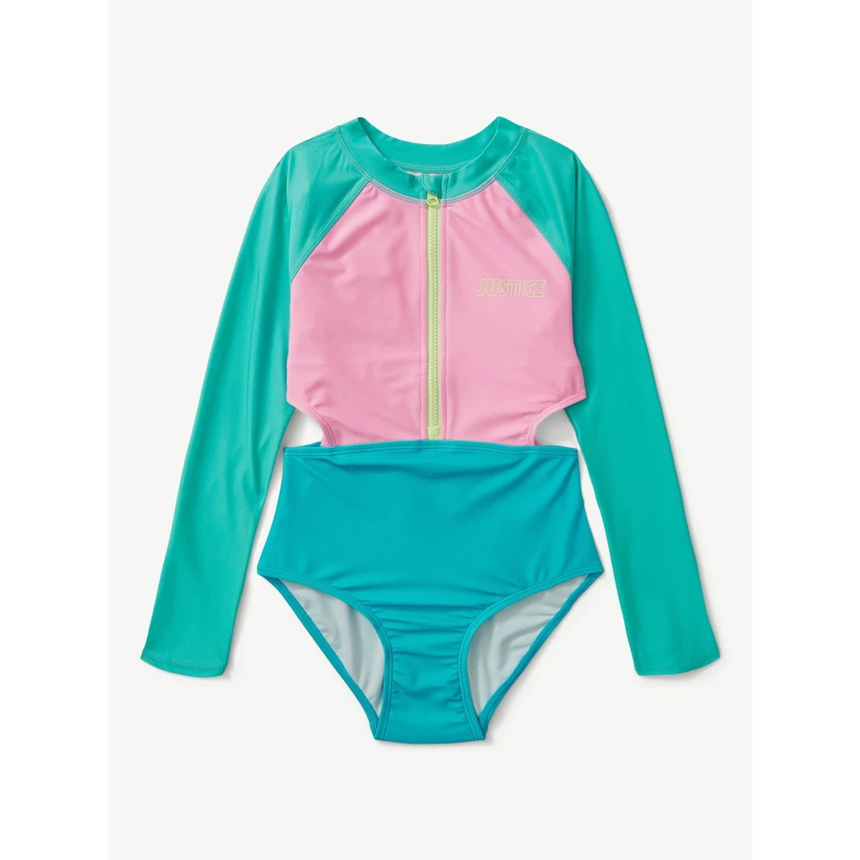 Traje de baño JUSTICIA niña protección contra erupciones una pieza natación manga larga 12 14 16 18 rosa nuevo Foto 4 de 4