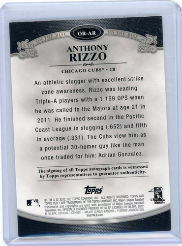 2012 Topps Tier One Baseball Autograph #OR-AR Anthony Rizzo #066/225 - Picture 2 of 2