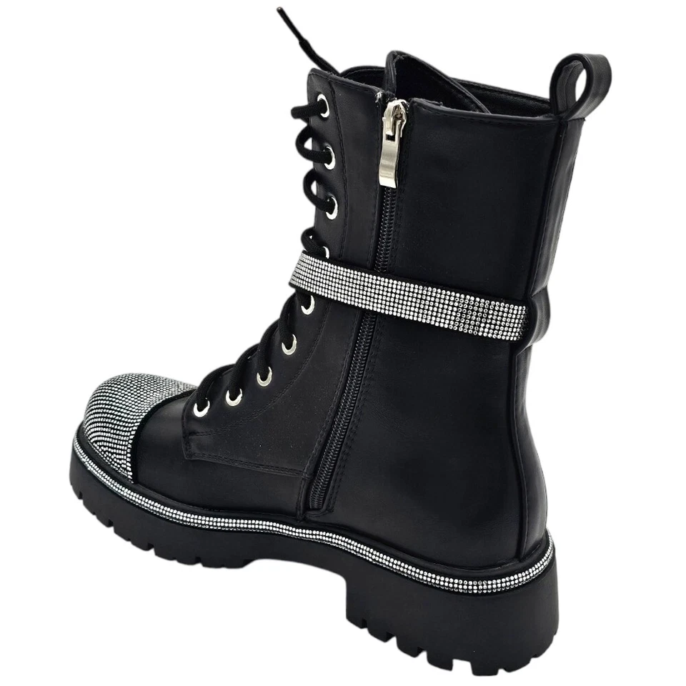 Anfibi scarpa donna nero con strass argento in punta e cinturino fondo alto in g - Immagine 4 di 4