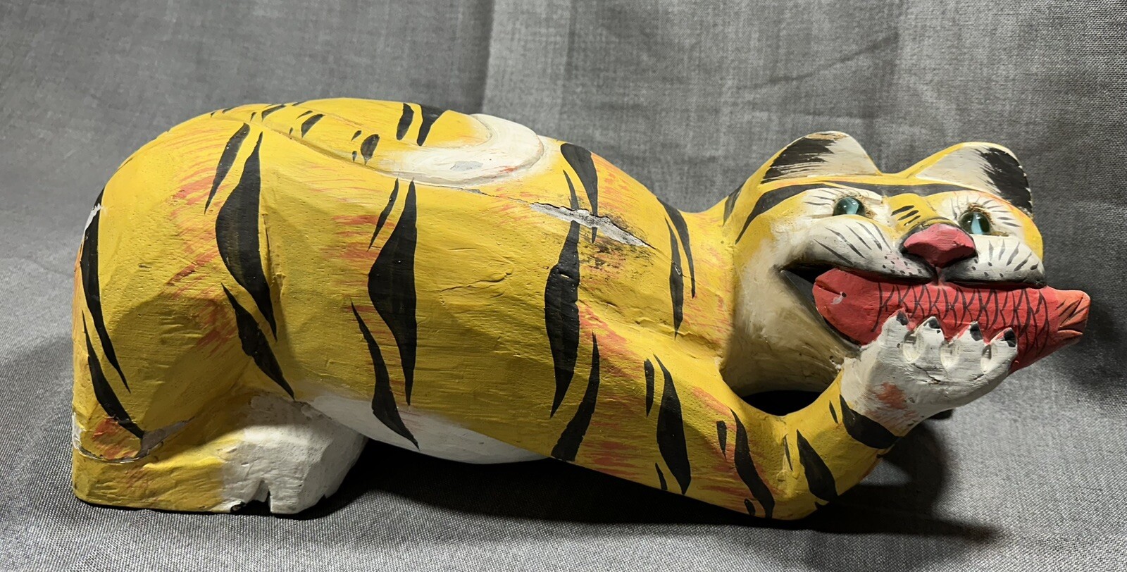 Hand Carved Painted Wood Tiger Figurine Eating Fish