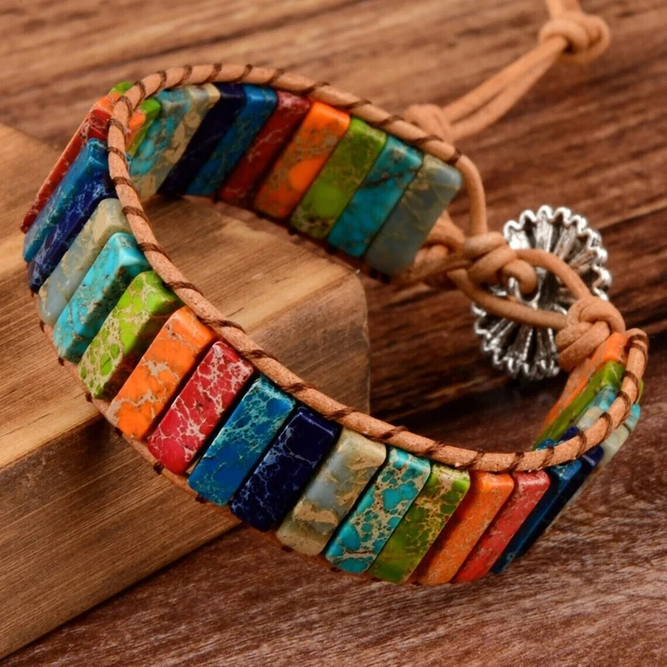 Pulsera trenzada hecha a mano con cuentas tubo de piedras preciosas surtidas naturales de 7 chakras regalo Foto 4 de 4