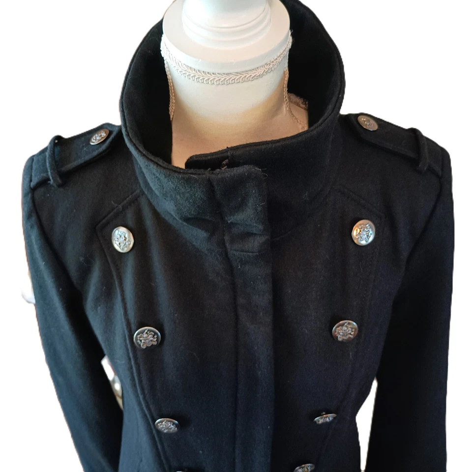 Guess Y2K Double Breast Stand Collar Blk Wool Military Long Pea Coat Pocket Sz L - Image 3 of 4