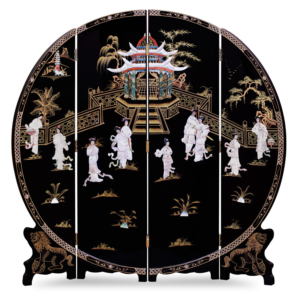 US Seller - Black Lacquer Mother of Pearl Chinese Round Floor Screen