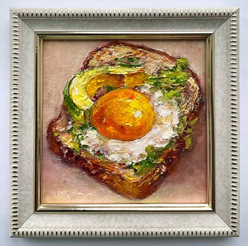 Original Oil Painting Breakfast Sandwich Egg Food art 4x4inch - Picture 8 of 16