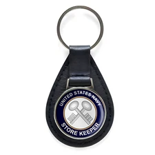 U.S. Navy Store Keeper Black Leather Keychain Silver Keyring Military Gift