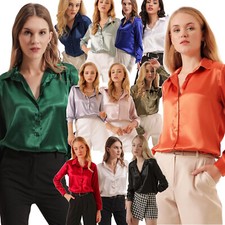 Camicia donna basic effetto raso tessuto lucido bottoni manica lunga 3964