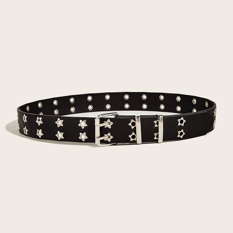 Jeans Decorative Waistband PU Leather Waist Belt Star Eye Rivet Belt Hollow Out-image