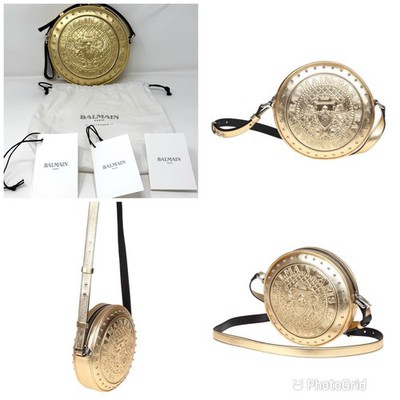 Balmain Disco Laminated Gold Leather Crossbody Bag W/ Embossed Logo & Gold Studs