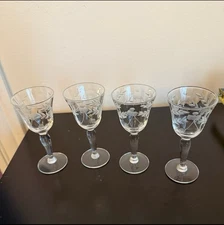 Vintage Set of 4 Etched Floral Motif Cordial Stemware Glasses - Approx. 4”