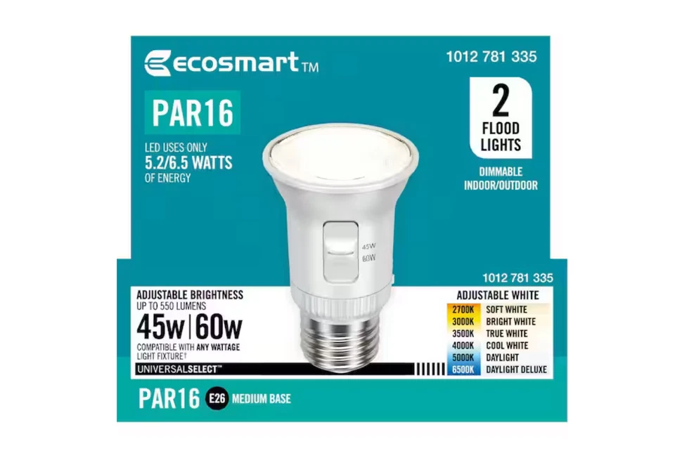 2 pack EcoSmart LED Flood Lights 45w/60W PAR16 White 450/550 Lumens Dimmable E26 - Image 2 of 3