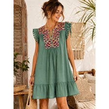 Embroidered Green Asymmetrical Boho Dress