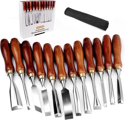 12-Piece Wood Carving Chisel Set - CR-V 60 Steel Multi-Shape Edge Gouges Carvi