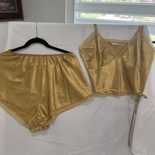 Victoria's Secret Y2K Vintage Two-Piece Gold Silk Pajama Lingerie Set Large