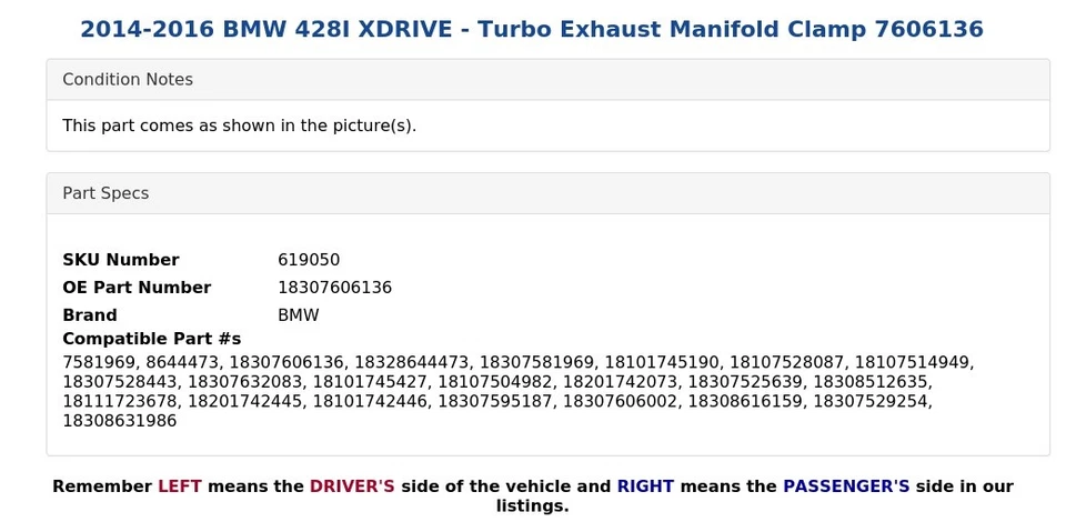 BMW 428I XDRIVE 2014-2016 - Abrazadera de colector de escape turbo 7606136 Foto 4 de 4