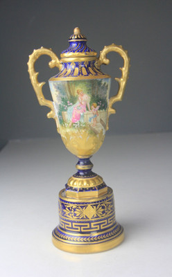 Antique Carl Thieme Gold & Cobalt Blue Porcelain Lidded Portrait Urn - Read!