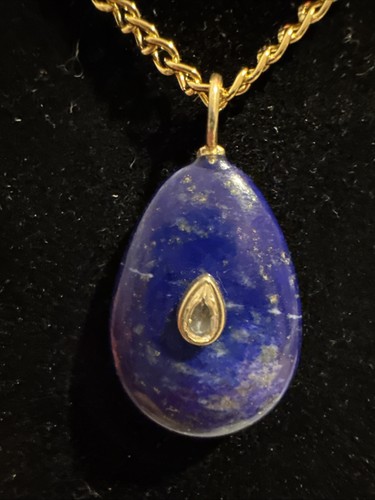 Lapis Lazuli Pendant Gemstone Quartz Bezel Pear Drop Necklace Gold Chain 20” 4g - Picture 1 of 7