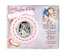 Crib Medal in Pink Guardian Angel with Children Matching Crucifix, Boxed
