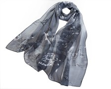 Chiffon Bird Blossom Black White Chiffon Scarf