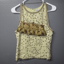 Adrianna Papell Beaded Green Silk Sleeveless Blouse Size 10 Zip  Evening Bag