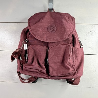 Kipling City Pack Medium Backpack Womens Maroon Burgundy Flap Pocket Monkey