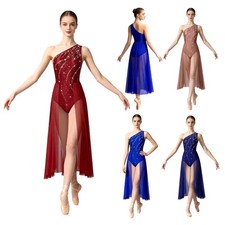 Women Leotard Stage Lyrical Dress Sparkling Dancewear Asymmetrical One-Shoulder