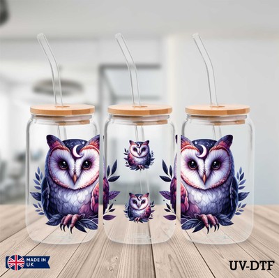 Aquarell Blumen Eule UV DTF Aufkleber - 16oz Libbey Dose Glasfolie zp798