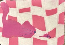 Pink Cat and Mouse ACEO Acrylic Painting, Small Original Handmade Art