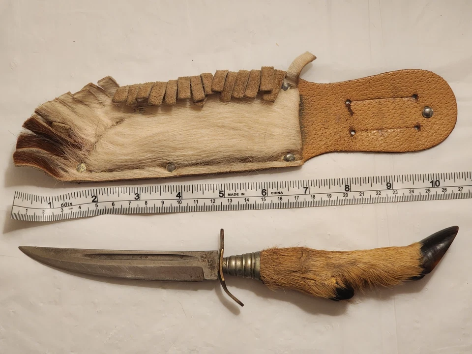 复古 Edge 品牌 Solingen 德国固定刀片蹄柄刀带毛皮鞘 — 第 2/4 张图片
