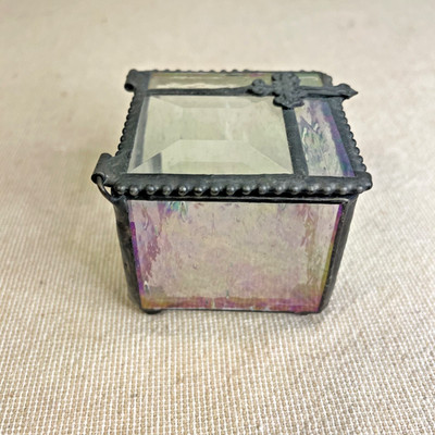 Iridescent Glass Trinket Box Hinged Jewelry Keepsake Box with cross Vintage