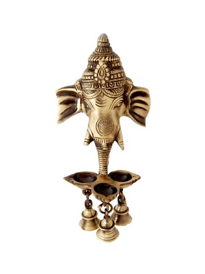 Two Moustaches Brass Ganesha Wall Hanging Diya with Bells , Brass Diya