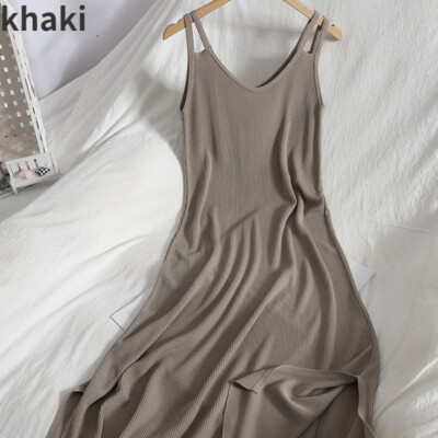 Women Solid Sleeveless Tank Top Dress Silk Split Casual Daily Soft
