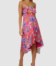 Adrianna Papell Women's Pink Floral Ruffle Printed Sateen Midi Dress Size 4
