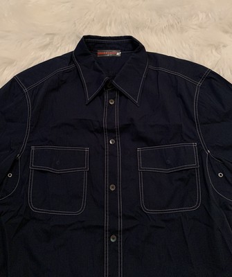Prada Sport Contrast Stitching Trim Button Up Shirt Navy Blue 