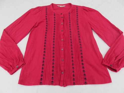 BLUSA TOP 100% ALGODÓN MANGA LARGA ROSA MAGENTA SUELO CON BORDADO AZUL MARINO UK 12