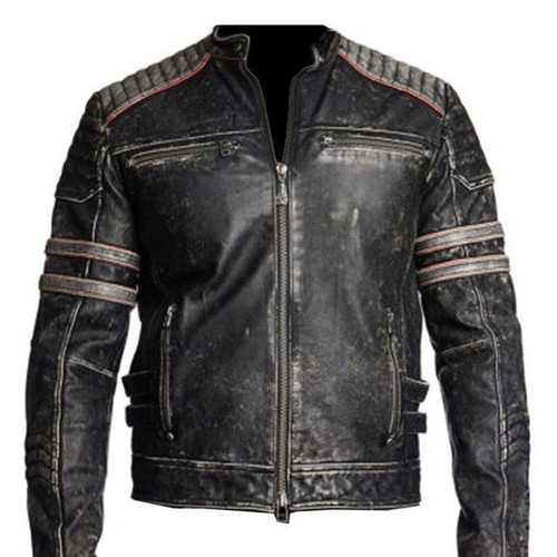Mens Vintage Cafe Racer Retro Motorcycle Biker Black Real Leather Jacket