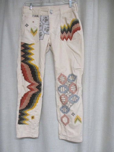 PILCRO ivory corduroy colorful embroidered cross stitch pants 28 The Wanderer