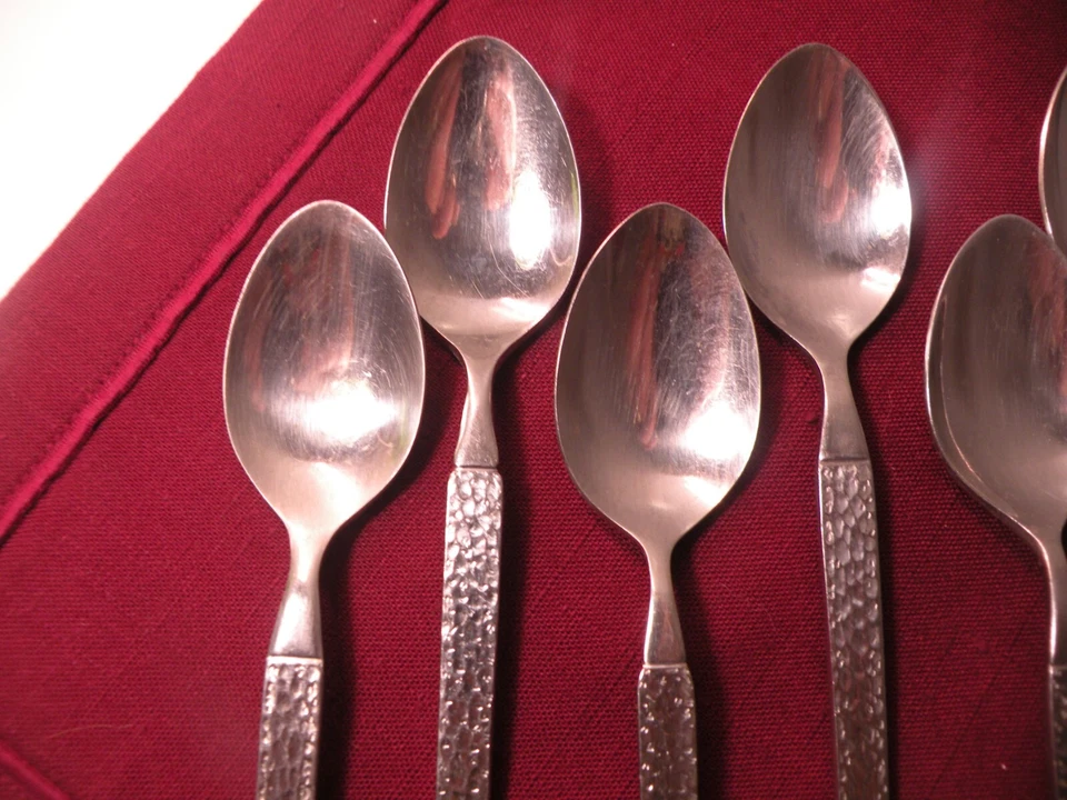 Set Of 9 Teaspoons Ekco Eterna Hammered Stainless EKS2 Japan Textured 1/4" - Image 2 of 4