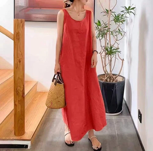 Womens Loose Camisole Dress Round Neck Cotton Linen Pocket Sleeveless Long Gown - Bild 10 von 30