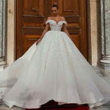 Shiny Off The Shoulder Wedding Dress Court Train Bridal Gowns Princess Plus Size