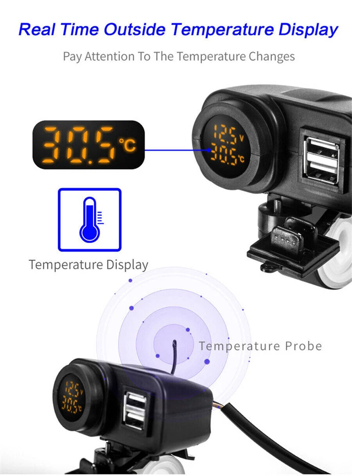 12V Dual USB Charger LED Digital Voltmeter & Thermometer For Motorcycle Scooter - Image 4 of 4