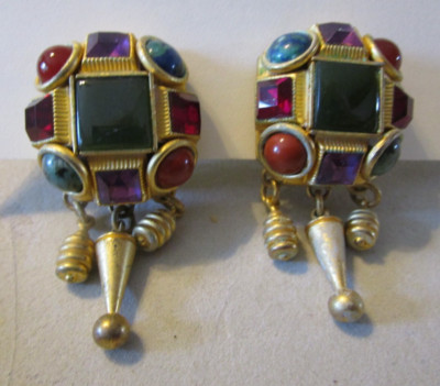 NATASHA STAMBOULI Multicolor Stones Statement Dangle Clip On Earrings 1980-90s