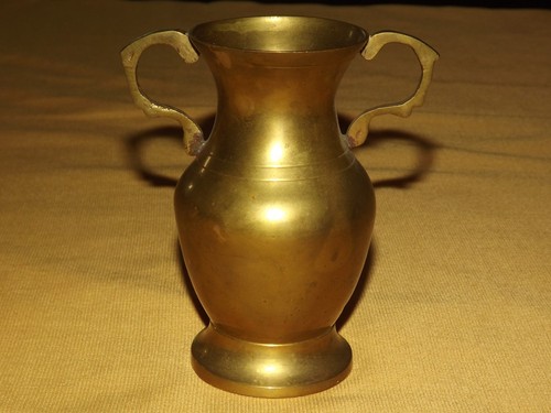 VINTAGE 4 " HIGH SOLID BRASS HAND MADE IN INDIA 2 HANDLE BRASS PITCHER