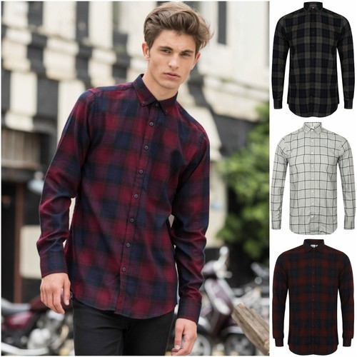 Mens Check Shirt Slim Fit Brushed 