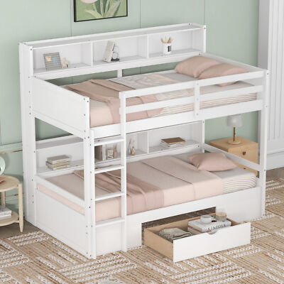 Wood Bed Frame Twin Size Bed Frame Bunk Bed w/ Built-in Shelves & Storage Drawer