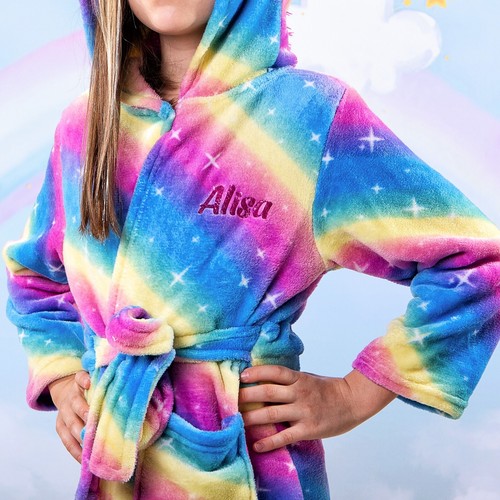 Kids Unicorn Rainbow Stars Cozy Custom Name BathRobe, Christmas Unicorn Gift - Picture 3 of 9